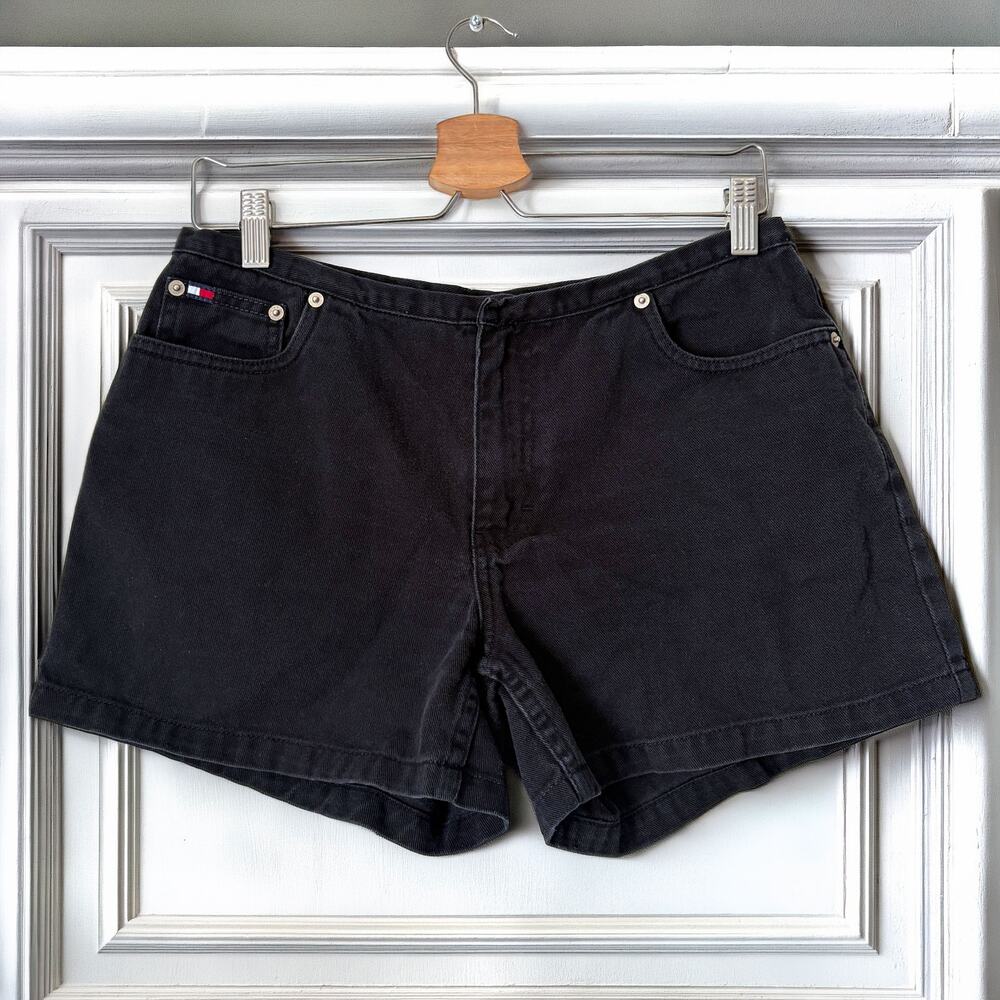Tommy Hilfiger Jeans VTG Y2K Black Denim Shorts Size 10 Flag Logo 100% Cotton
